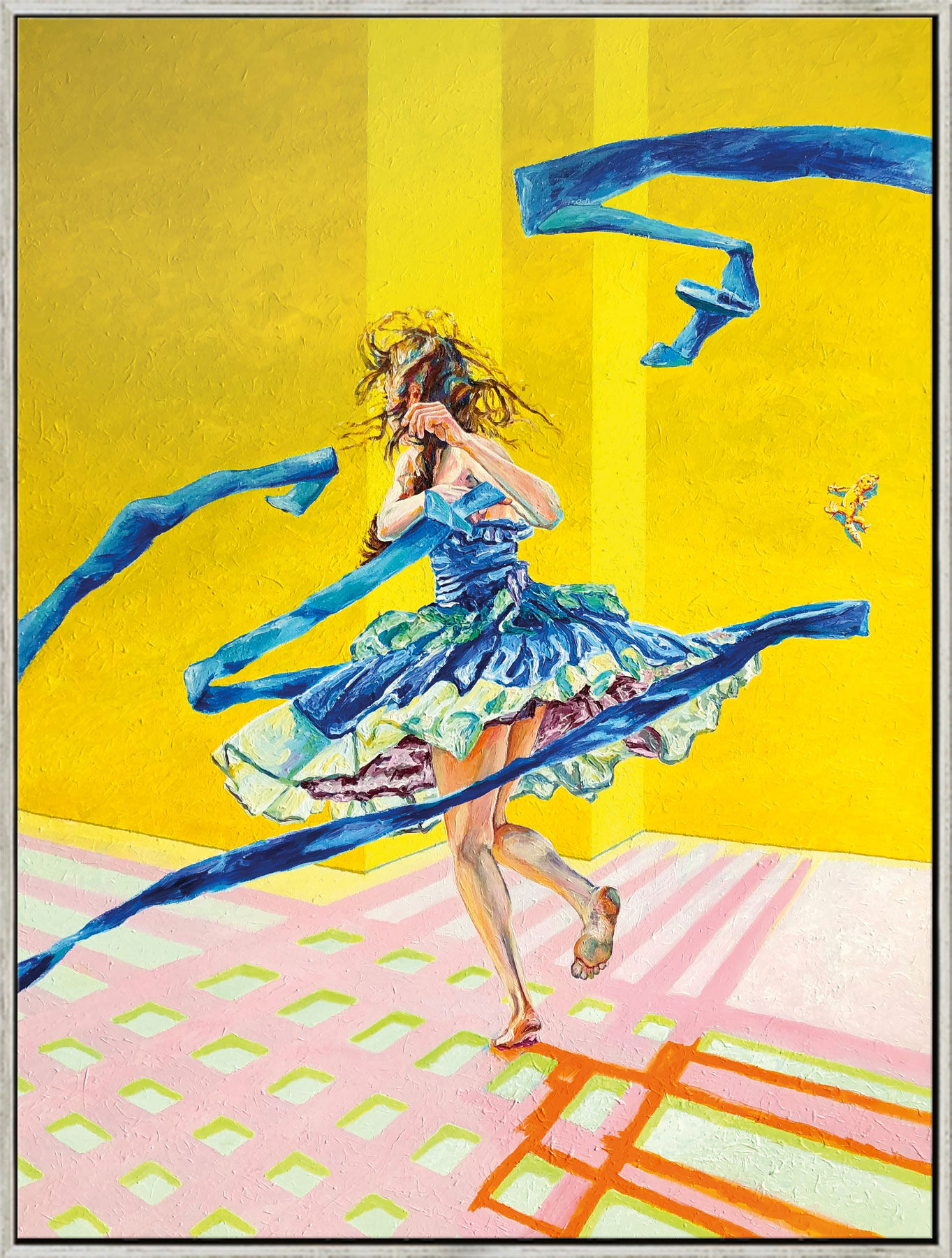 Bild "Mädchen mit Gelb und Gecko" (2024) (Original / Unikat), gerahmt von Mirek Gasz
