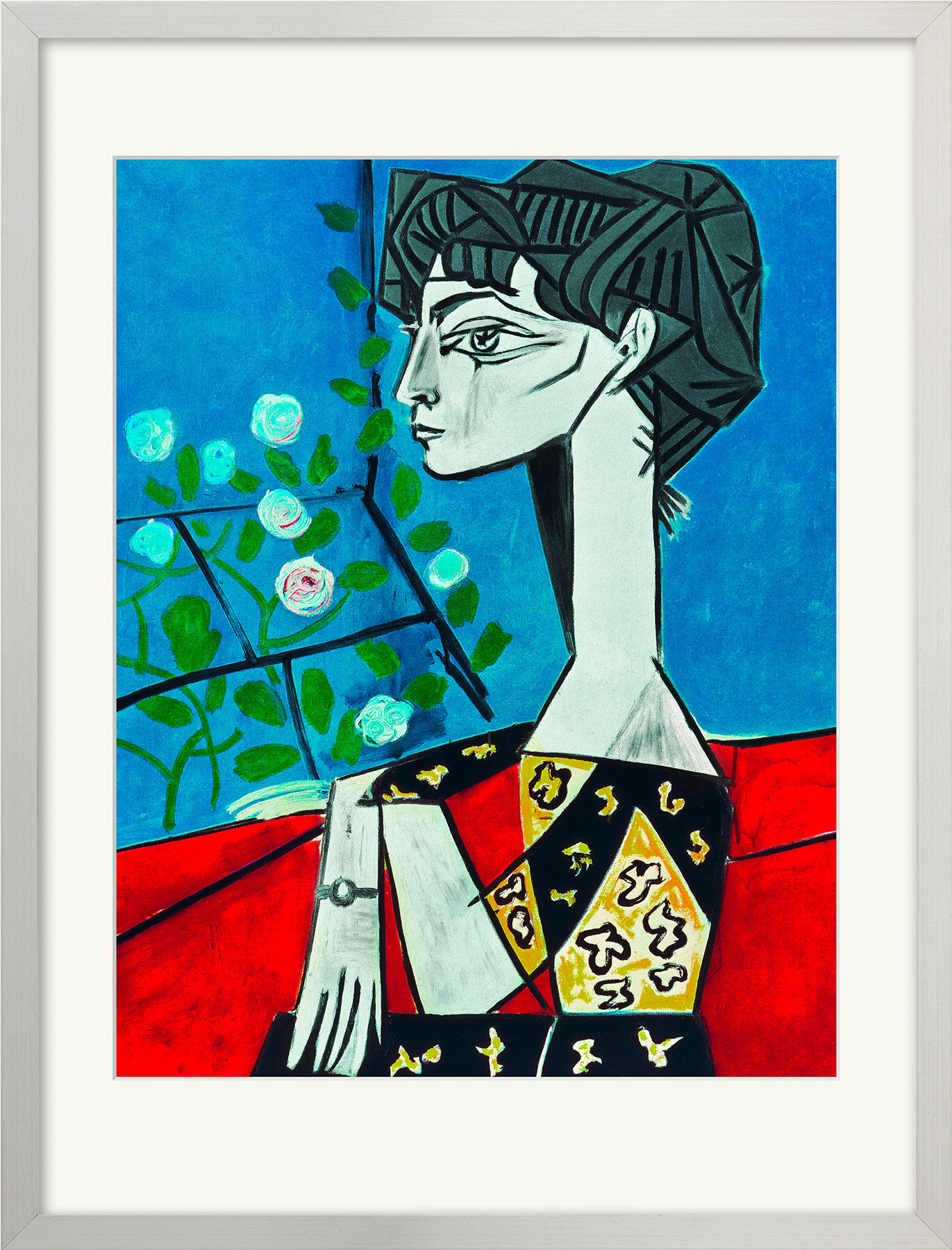 Billede "Madame Z (Jacqueline med blomster)" (1954), indrammet von Pablo Picasso