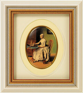 Miniatur-Porzellanbild "Schokolade trinkende Dame" (um 1744), gerahmt