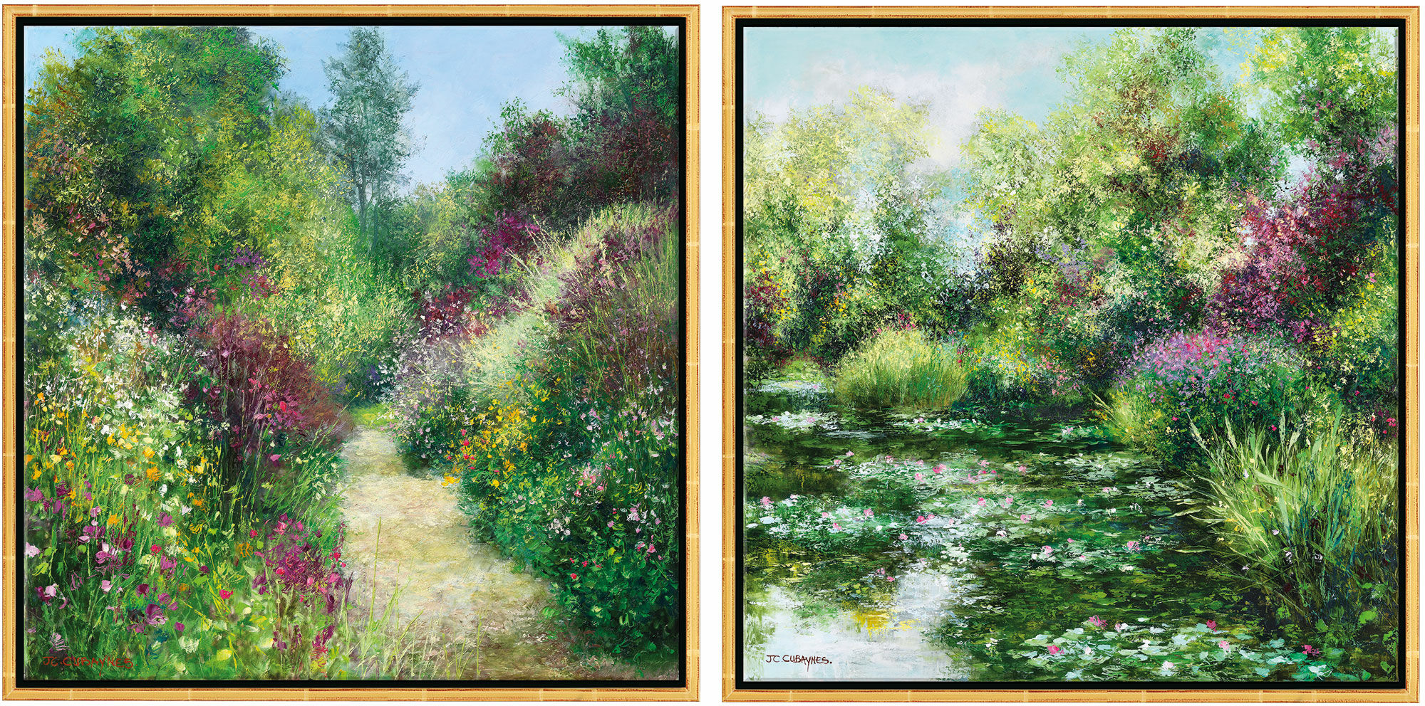 Ensemble de 2 tableaux "L'Etang à Giverny" + "Giverny - Le Jardin de Pascale à Grimaud", encadrés von Jean-Claude Cubaynes