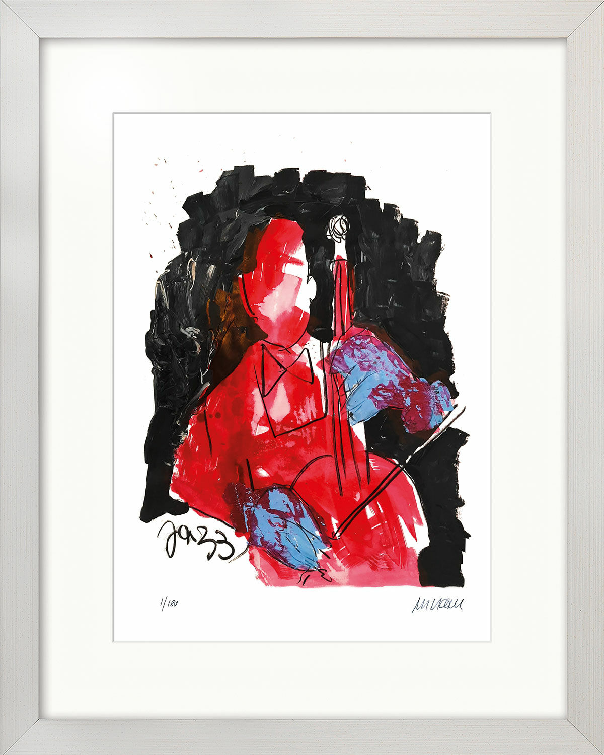 Picture "Bassist in Red" (2022), framed by Armin Mueller-Stahl