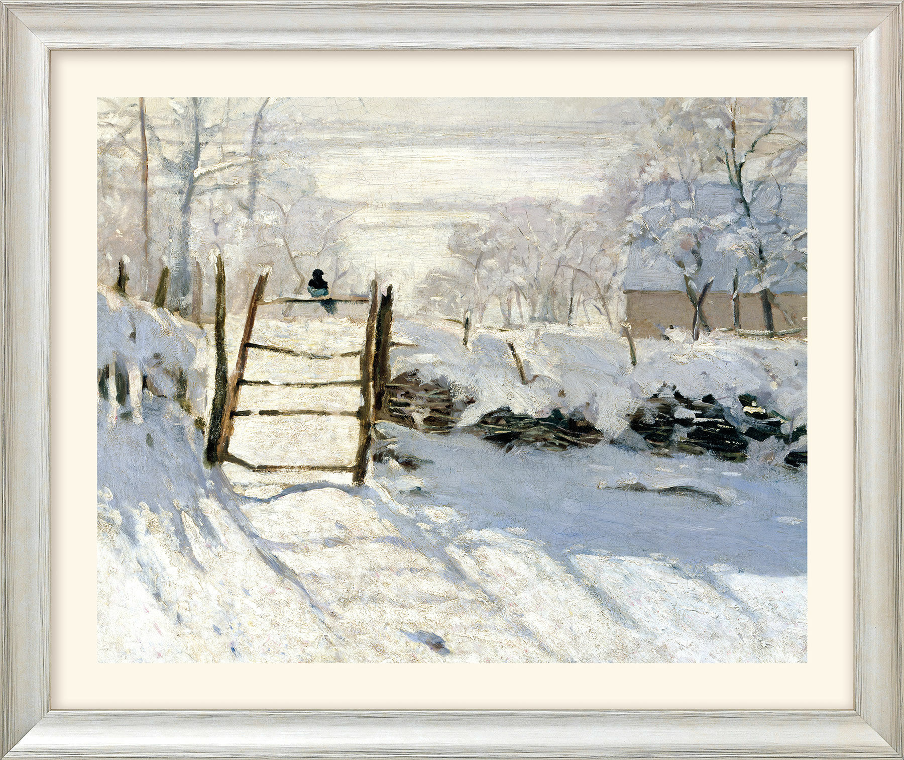 Beeld "De ekster" (1868/69), zilverkleurige ingelijste versie von Claude Monet