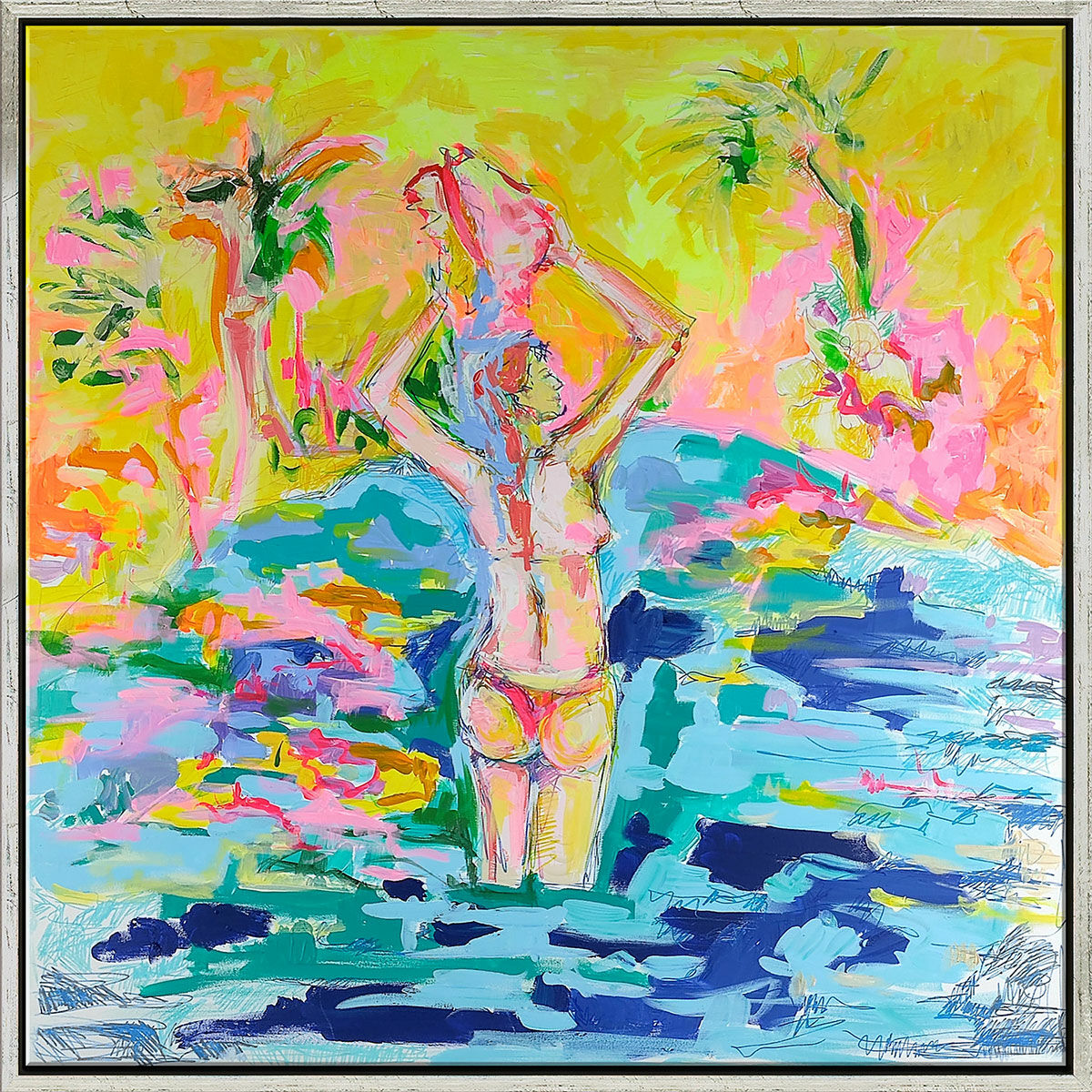 Tableau "Femme à la plage avec un coquillage" (2011) (Original / Pièce unique), encadré von Nicole Leidenfrost