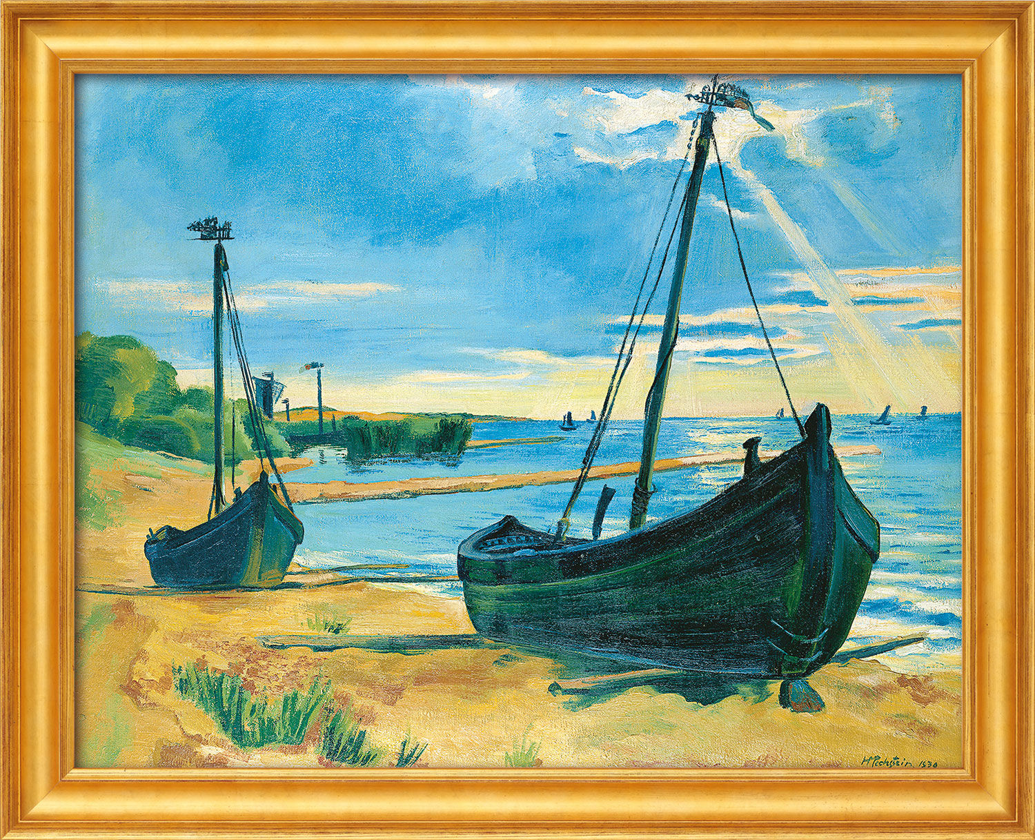 Picture "Keitelkähne Under Sail" (1939), golden framed version by Max Pechstein
