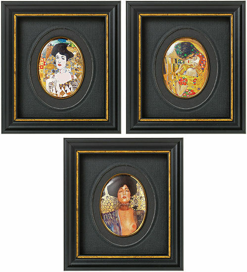Sæt med 3 miniature porcelænsbilleder med kunstnerens motiver von Gustav Klimt