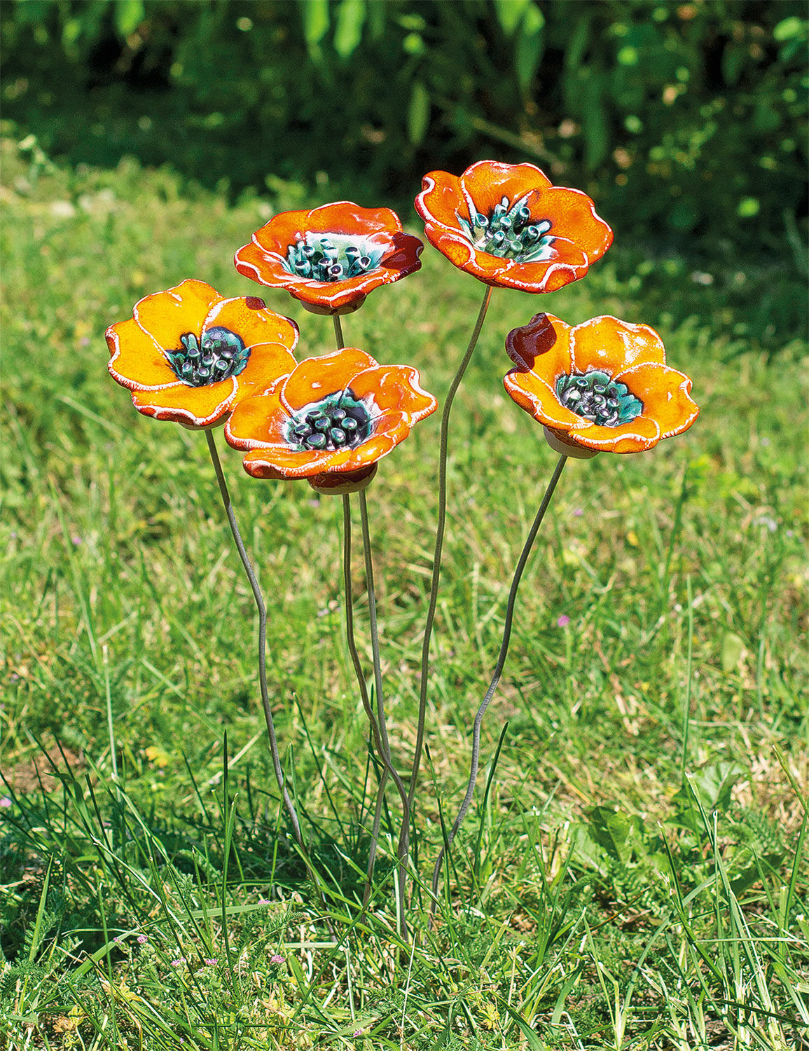 Pics de jardin - set floral "Fleurs orangées", céramique en 5 pièces