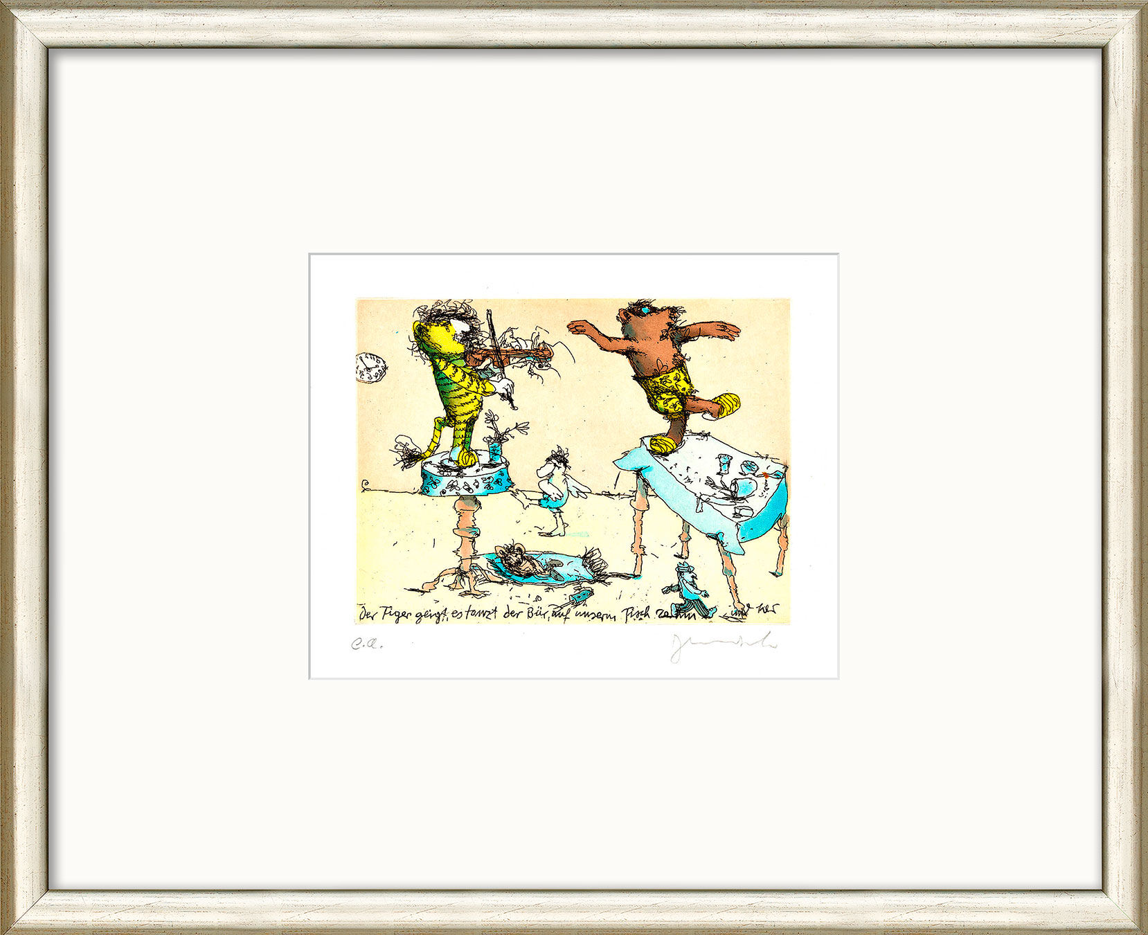 Schilderij "De tijger speelt viool, de beer danst, heen en weer op onze tafel" (2016), ingelijst van Janosch