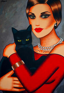 Bild "Girl with a black Cat" (2022) (Original / Unikat), auf Keilrahmen von Ekaterina Moré