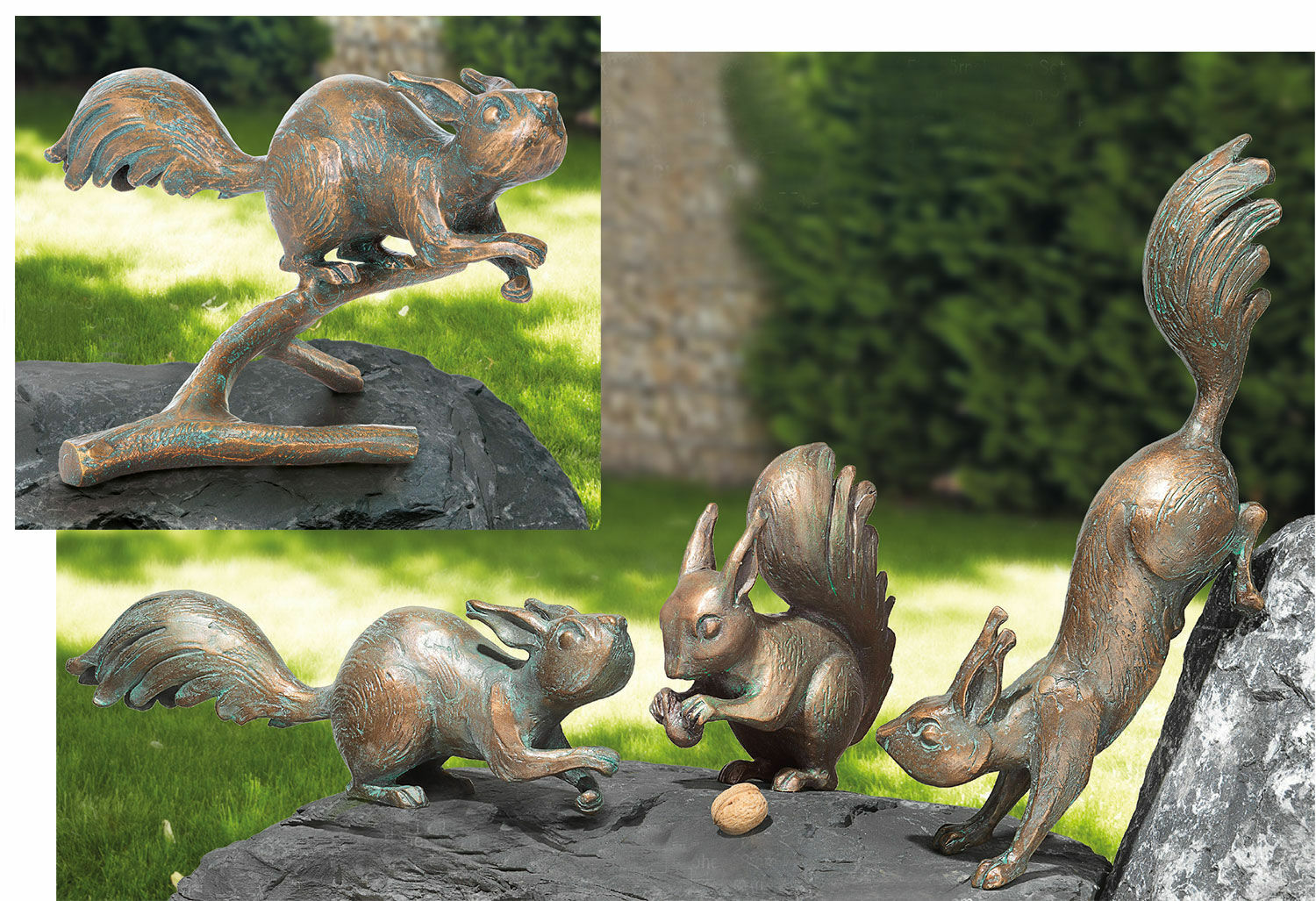Ensemble de 4 sculptures de jardin "Écureuil", bronze