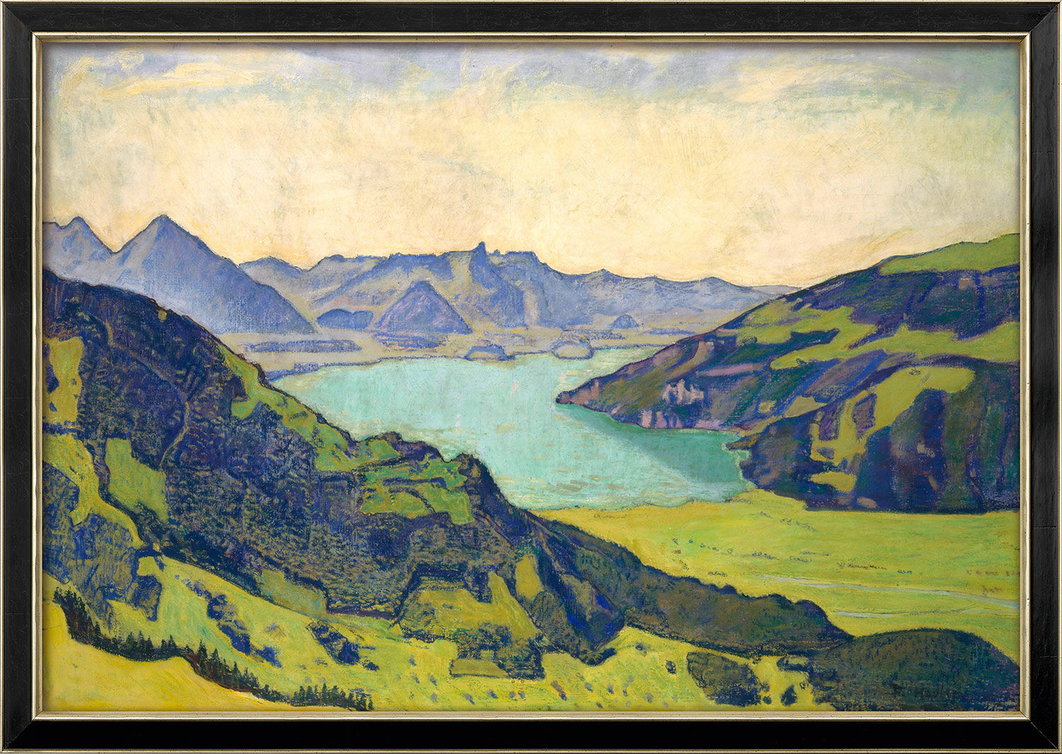 Billede "Thun-søen fra Breitlauenen" (1906), indrammet von Ferdinand Hodler