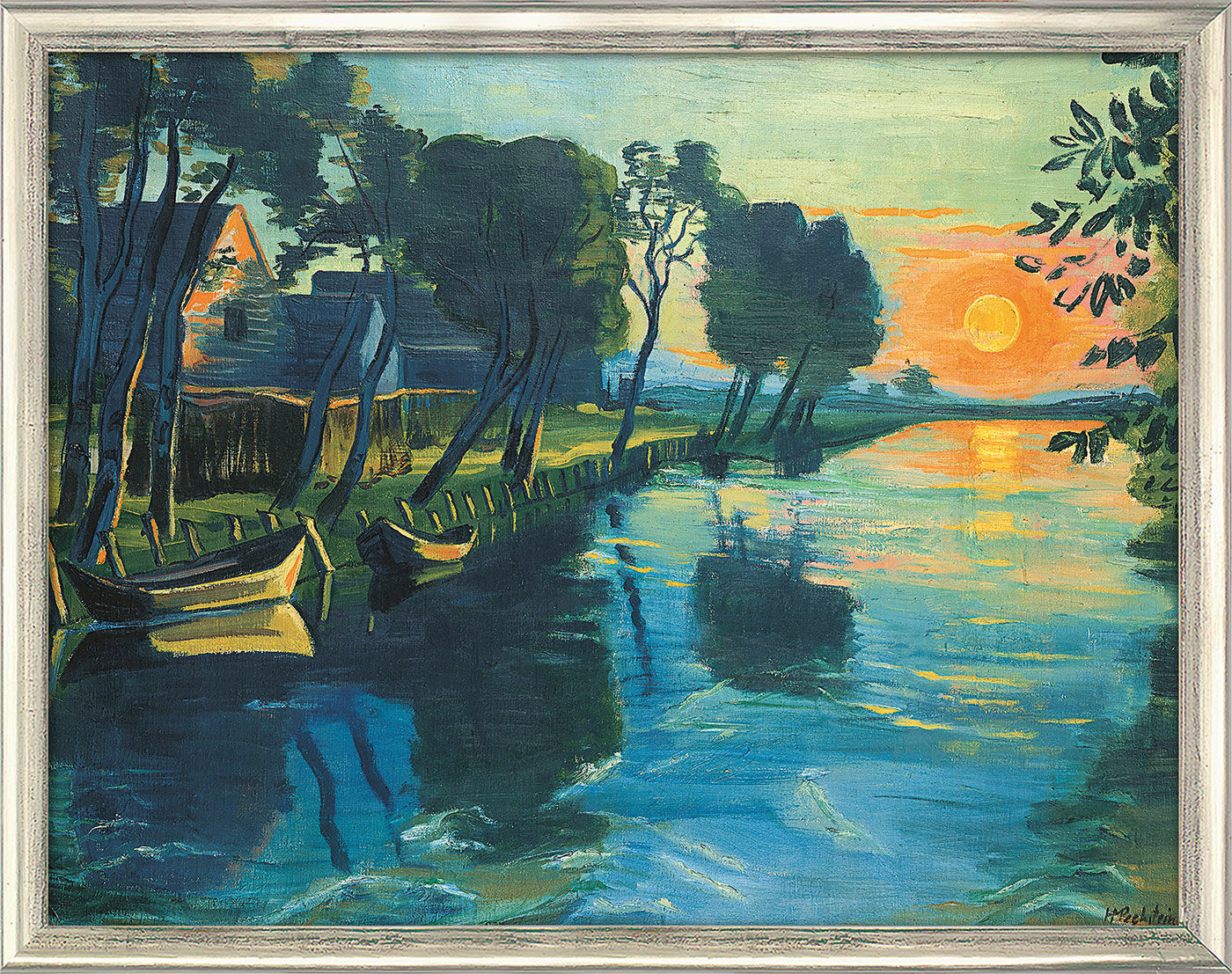 Picture "The First Rays of Sunshine on the Millrace" (c. 1934), silver-coloured framed version by Max Pechstein