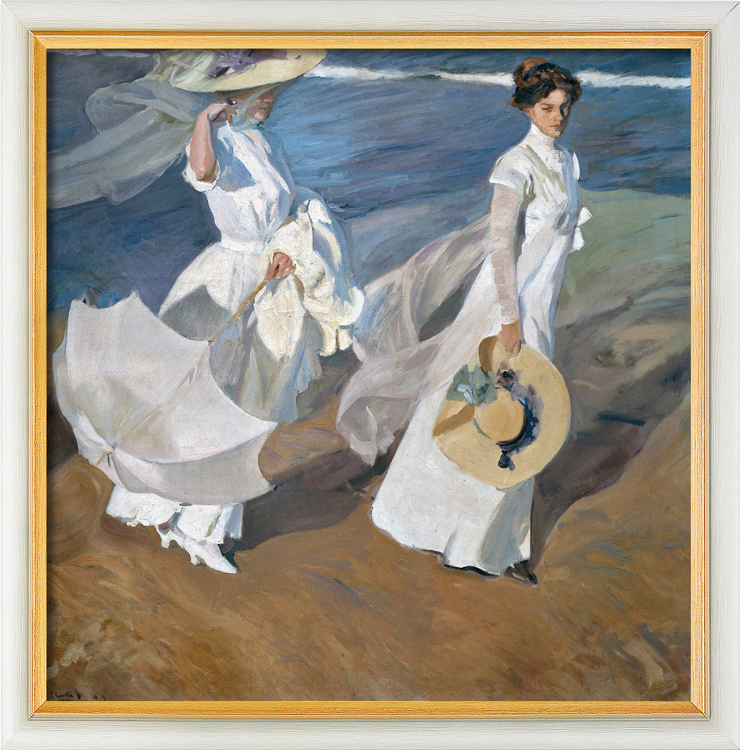 Picture "Walk on the Beach" (1909), white and golden framed version by Joaquín Sorolla y Bastida