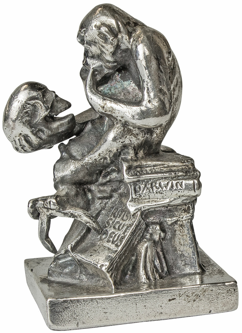 Skulptur "Affe mit Schädel" (1892-93), Version in Metallguss versilbert von Wolfgang Hugo Rheinhold