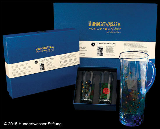 (Set A) 2 "Rainy Day Water Glasses" with book (without carafe) by Friedensreich Hundertwasser