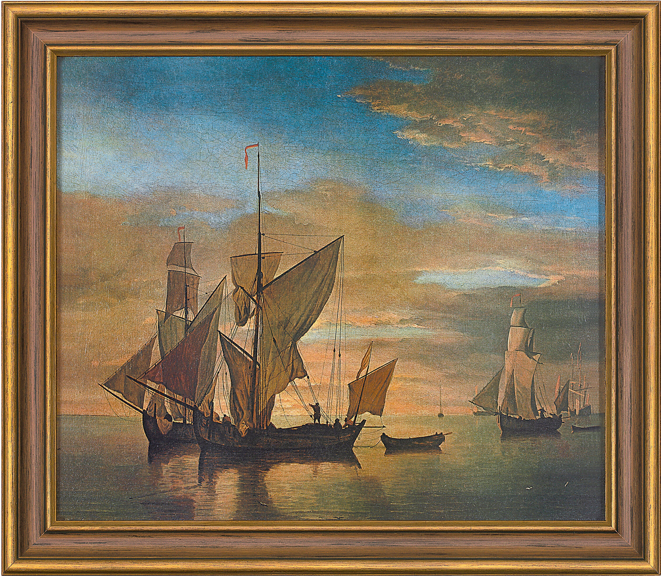 Picture "Ships on a Calm Sea in the Evening Light" (1685), framed by Willem van de Velde