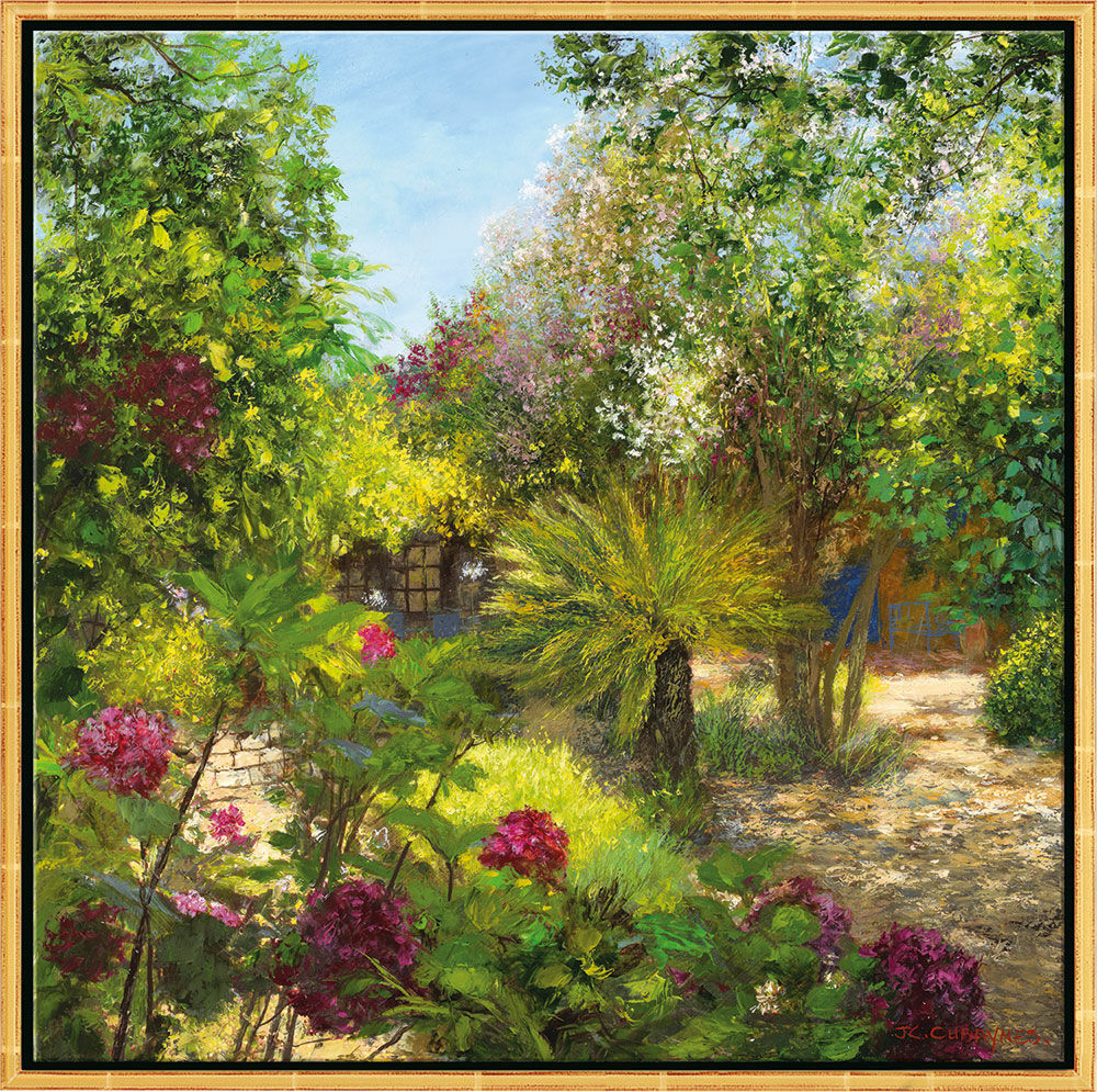 Tableau "Le Jardin, St. Tropez", version encadrée dorée von Jean-Claude Cubaynes