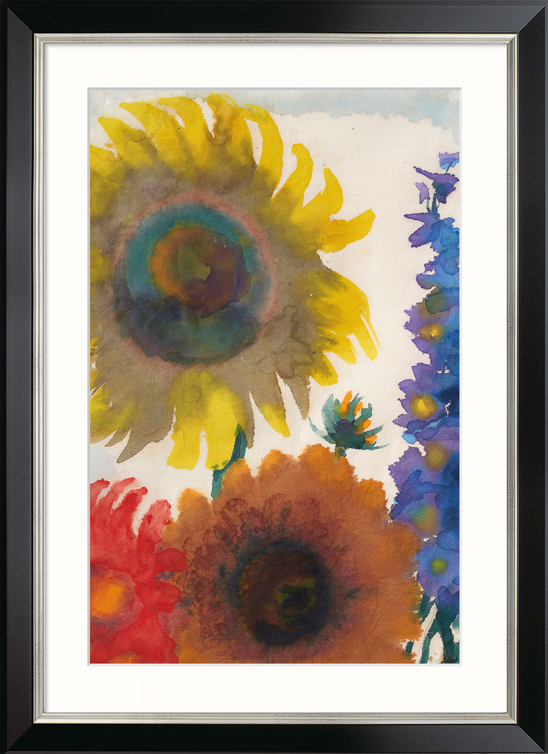 Bild "Solrosor och riddarsporrar" (ca 1935), svart och silverfärgad inramad version av Emil Nolde