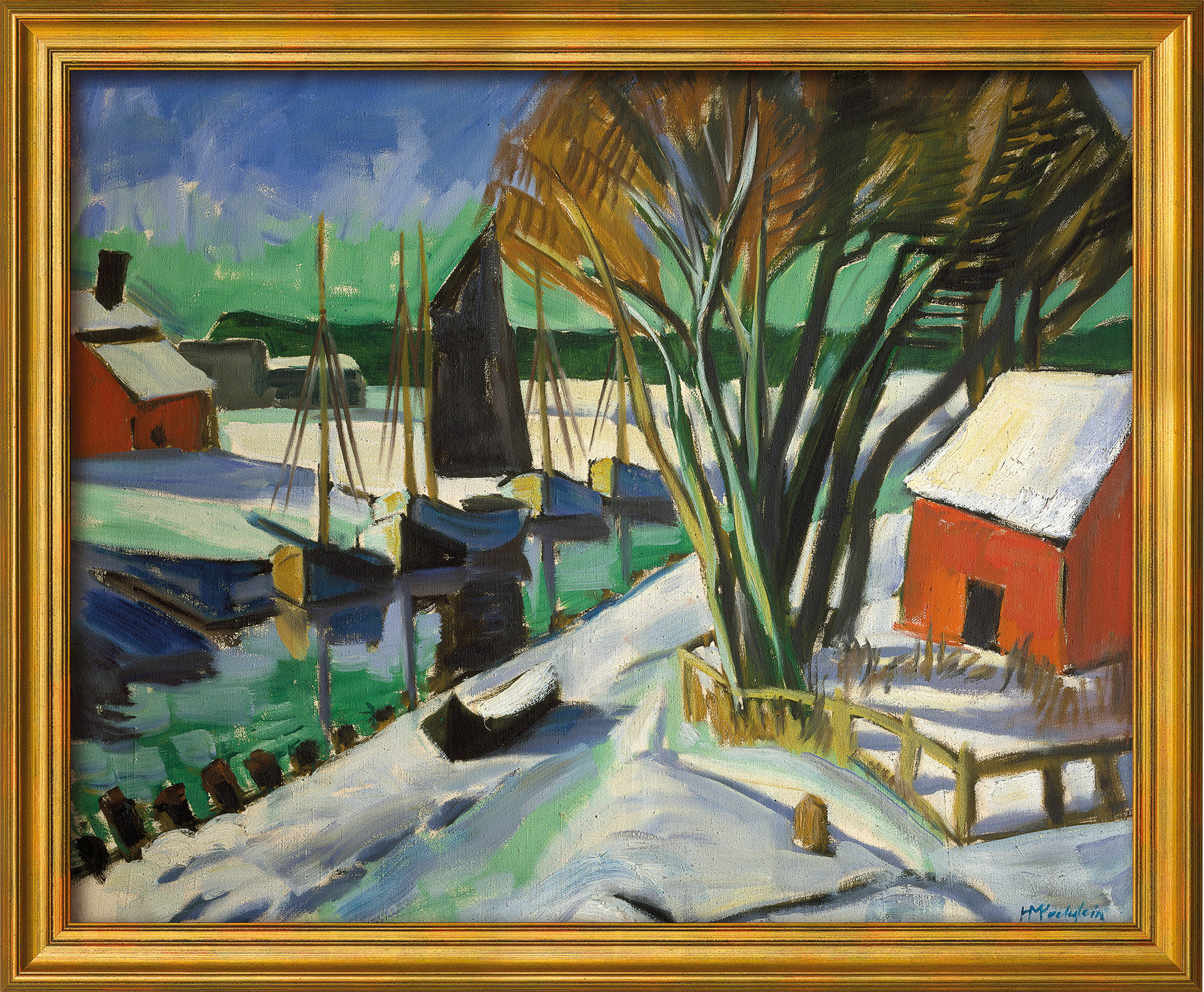 Picture "By the River in Winter (Leba)" (1922), golden framed version by Max Pechstein
