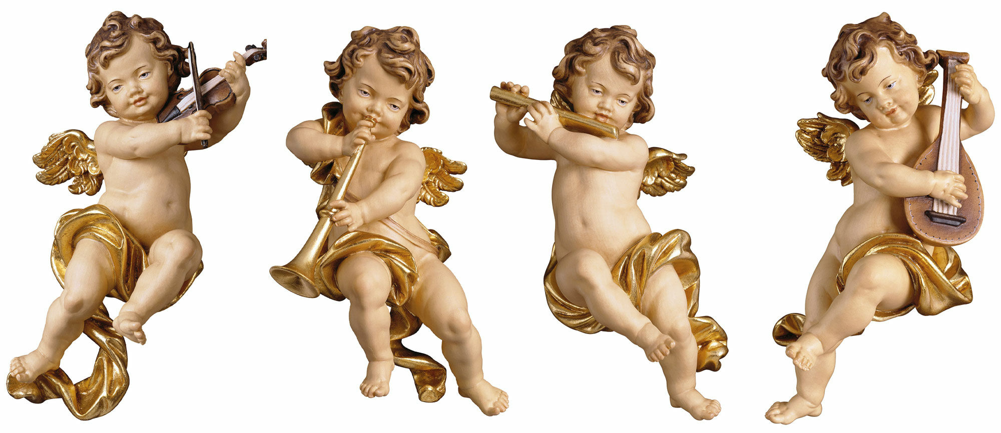 Set of 4 wood carvings "Cherubs With Instruments"