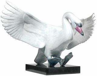 Sculpture "Landing Swan" (version with pedestal), bronze white/light grey by Evert den Hartog