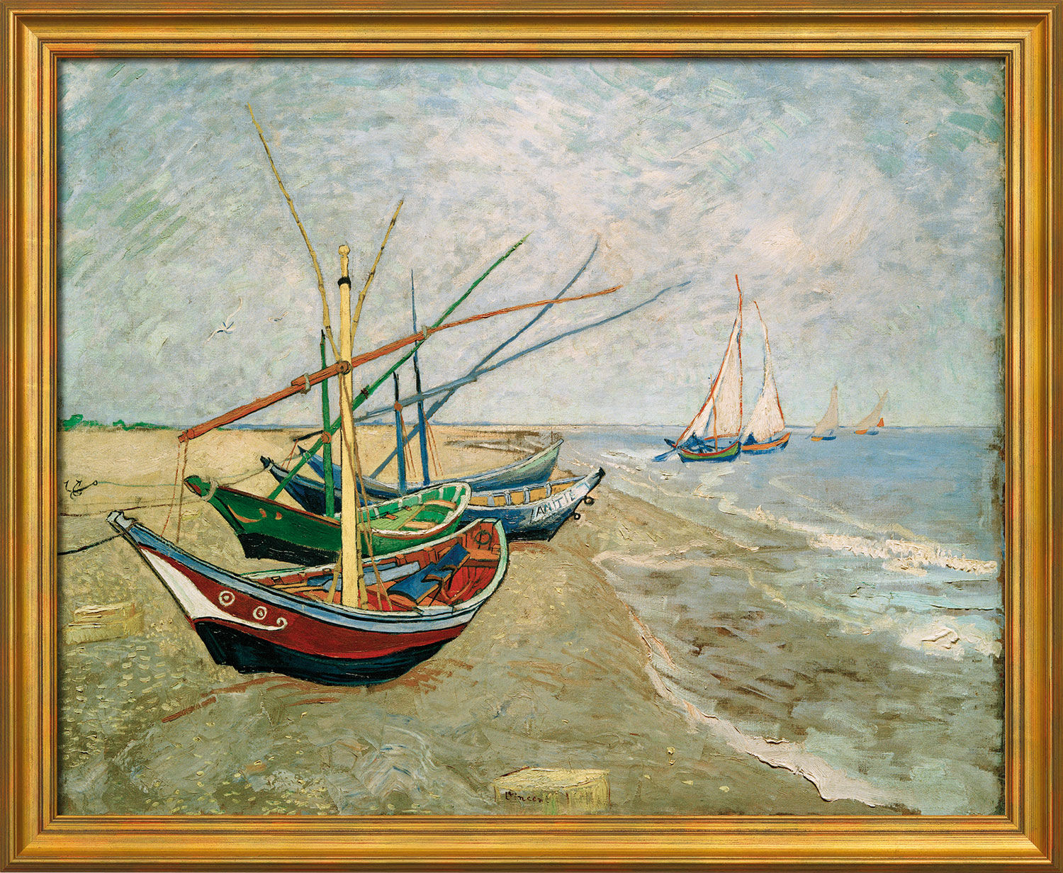 Bild "Fischerboote am Strand von Les Saintes-Marie-de-la-Mer" (1888), gerahmt von Vincent van Gogh
