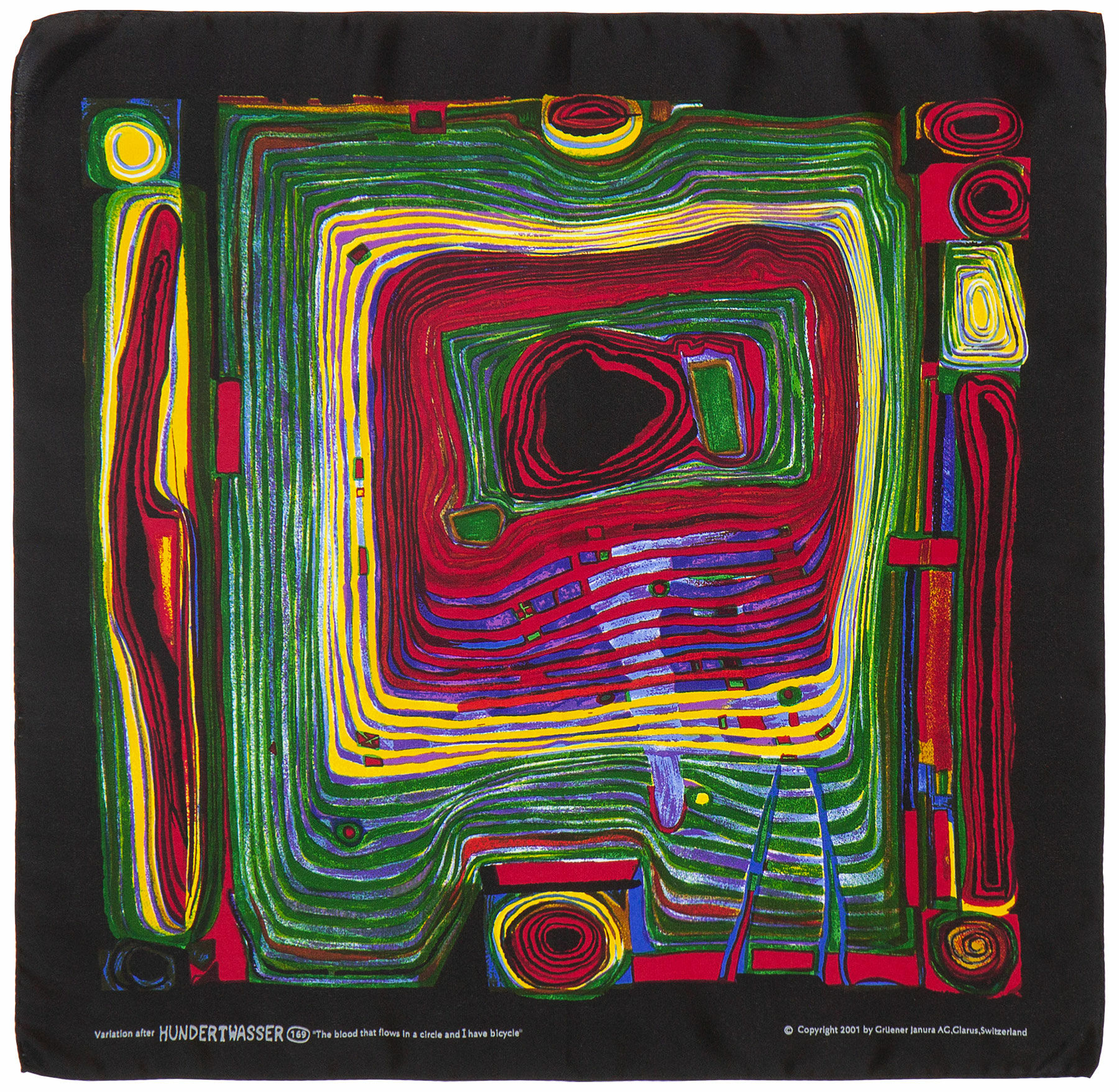 Silk handkerchief "The Blood That Flows in a Circle and I Have a Bicycle" (1975) by Friedensreich Hundertwasser