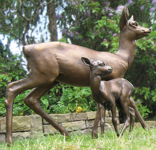 Set of 2 garden sculptures "Doe and Fawn", bronze