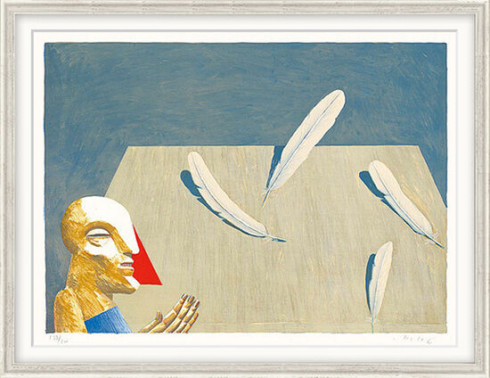 Picture "Table with Four Feathers for Witherspoon" (1976), framed by Horst Antes