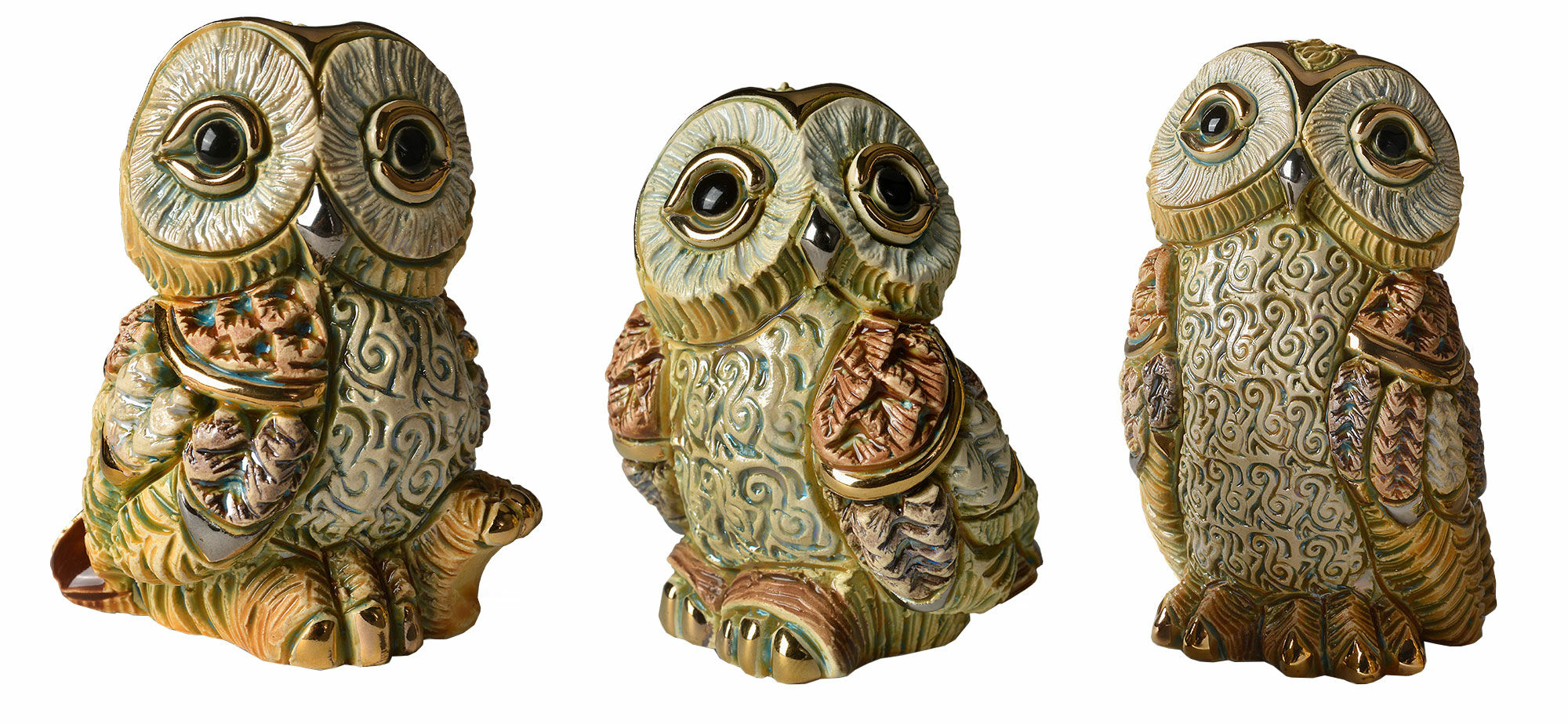 Ensemble de 3 figurines en céramique "Owl Family" (Famille de hiboux)