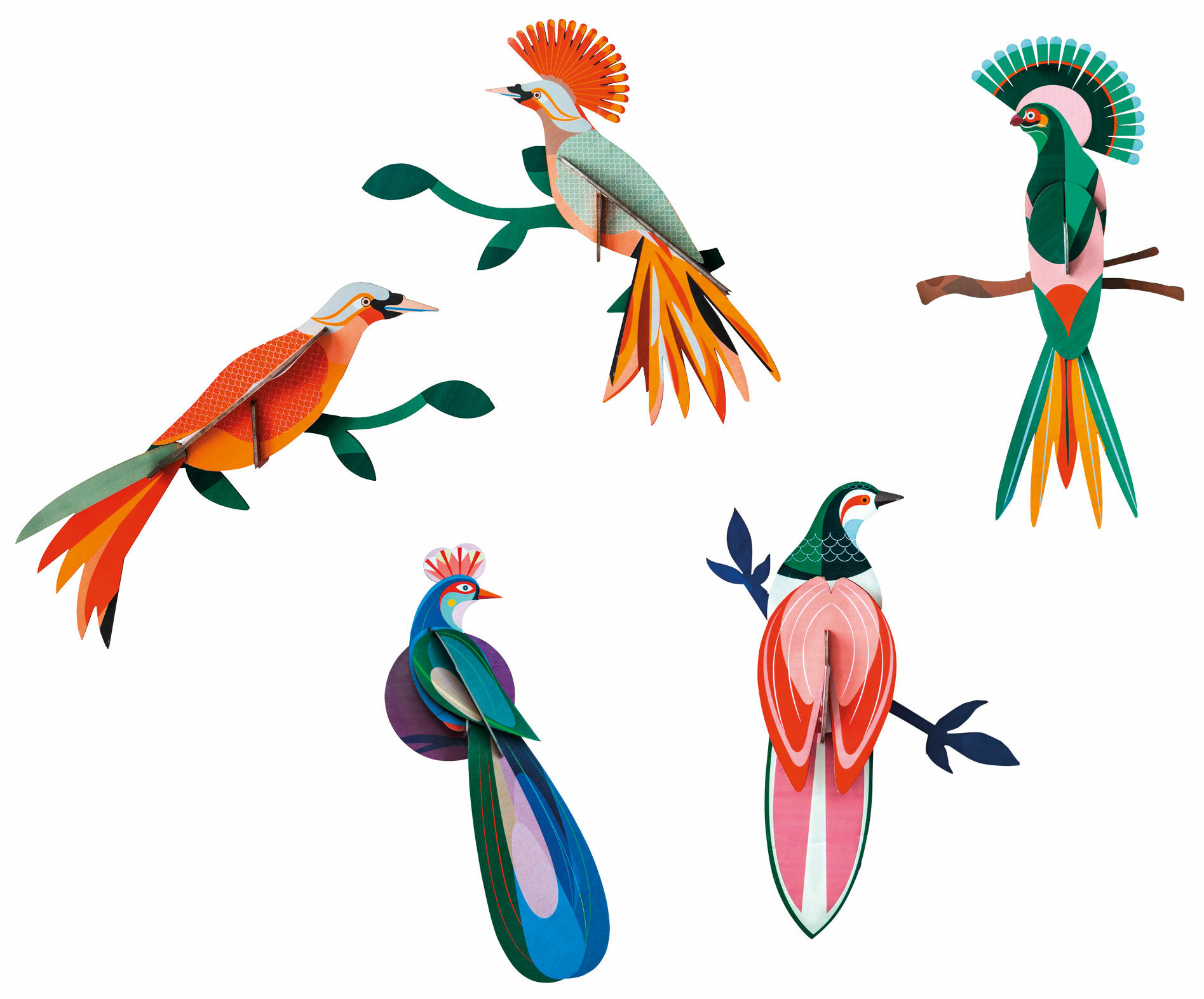 3D-vægobjekter "Birds of Paradise" lavet af genbrugspap, DIY, sæt med 5 stk. von studio ROOF