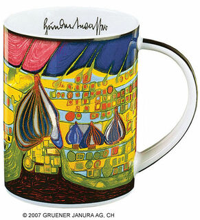 Magic mug "Yellow last will", porcelain by Friedensreich Hundertwasser