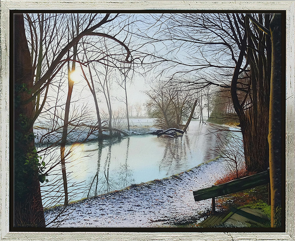 Billede "Solopgang om vinteren" (2024) (Original / unika), indrammet von Leo Windeln