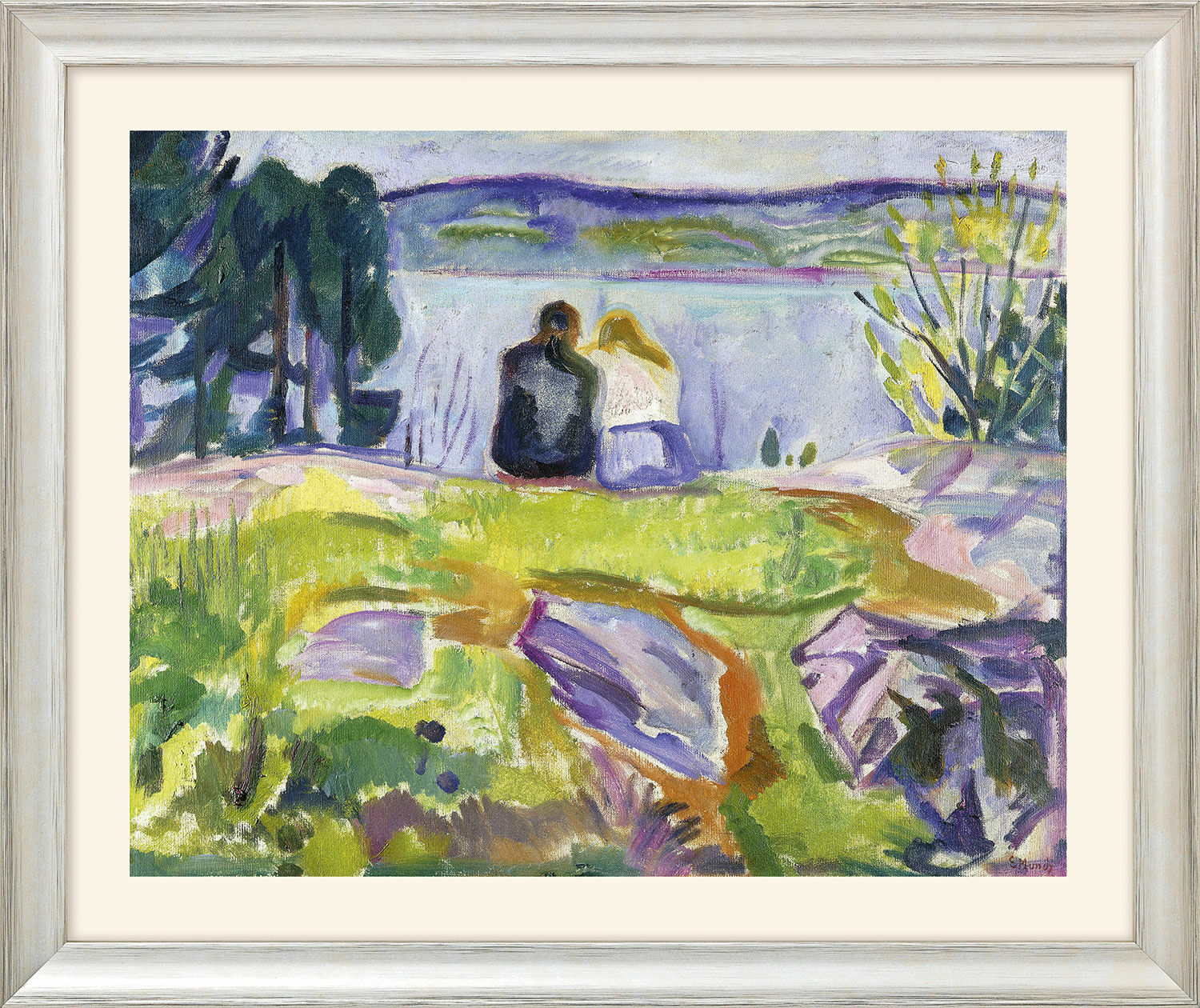 Bild "Frühling (Liebespaar am Ufer)" (1911-13) - aus "Jahreszeiten-Zyklus", Version silberfarben gerahmt von Edvard Munch