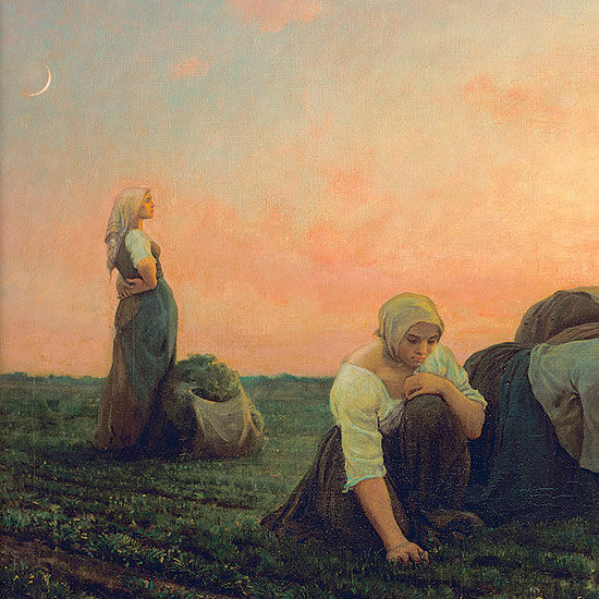 Bild "Die Unkrautjäterinnen" (1868), gerahmt von Jules Breton
