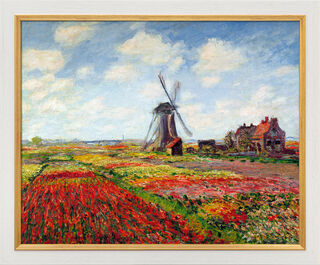 Bild "Champs de tulipes en Hollande - Tulpenfeld in Holland" (1872), gerahmt von Claude Monet