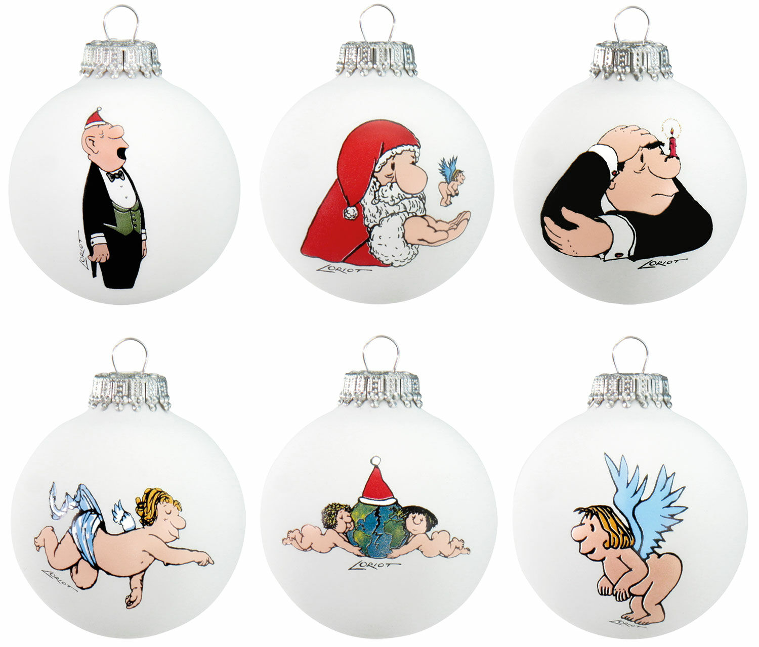 Set of 6 Christmas Baubles With Artist's Motifs, glass by Loriot