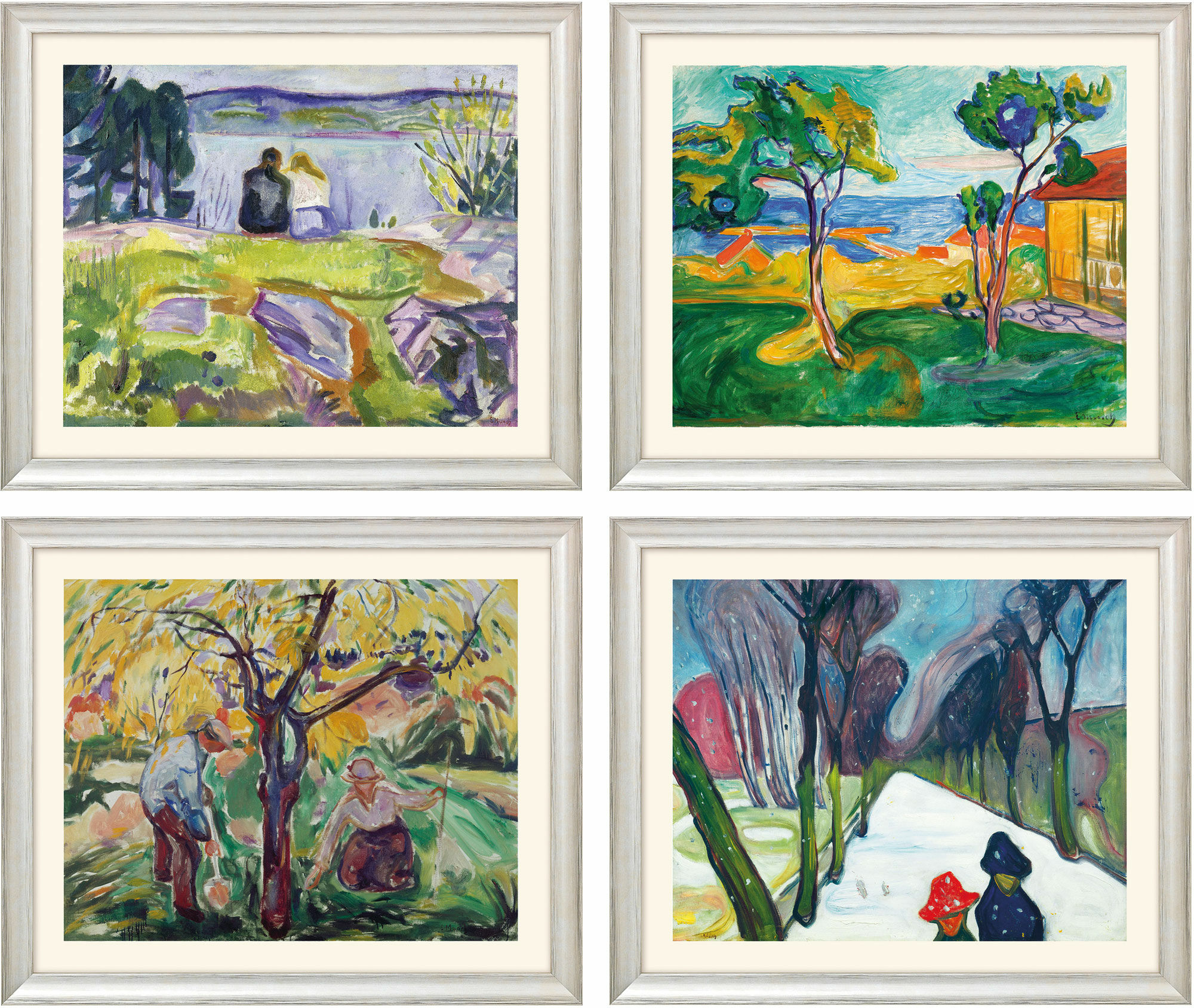 4 Bilder "Jahreszeiten-Zyklus" im Set, Version silberfarben gerahmt von Edvard Munch