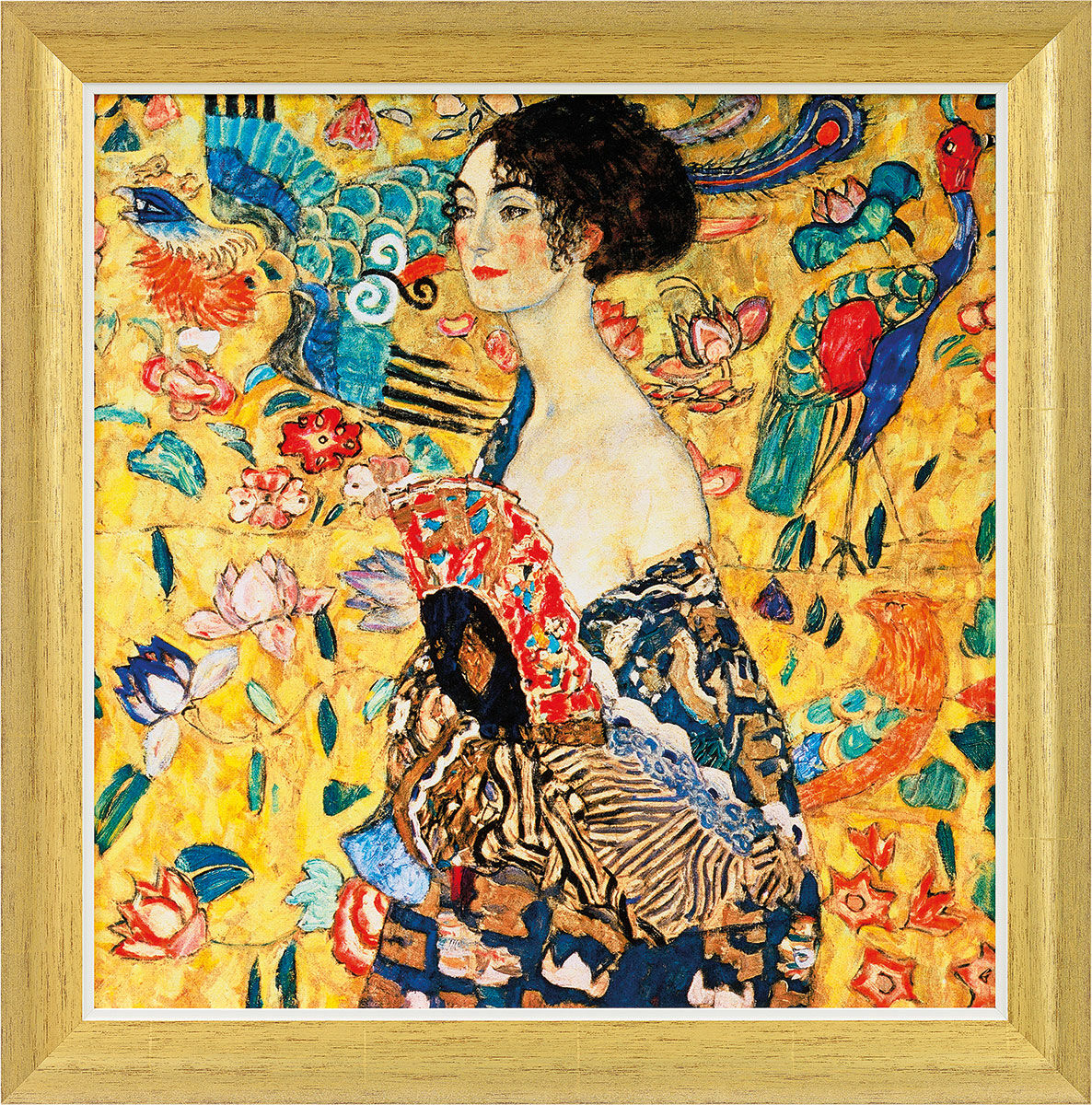 Billede "Dame med vifte" (1917/18), gylden indrammet version von Gustav Klimt