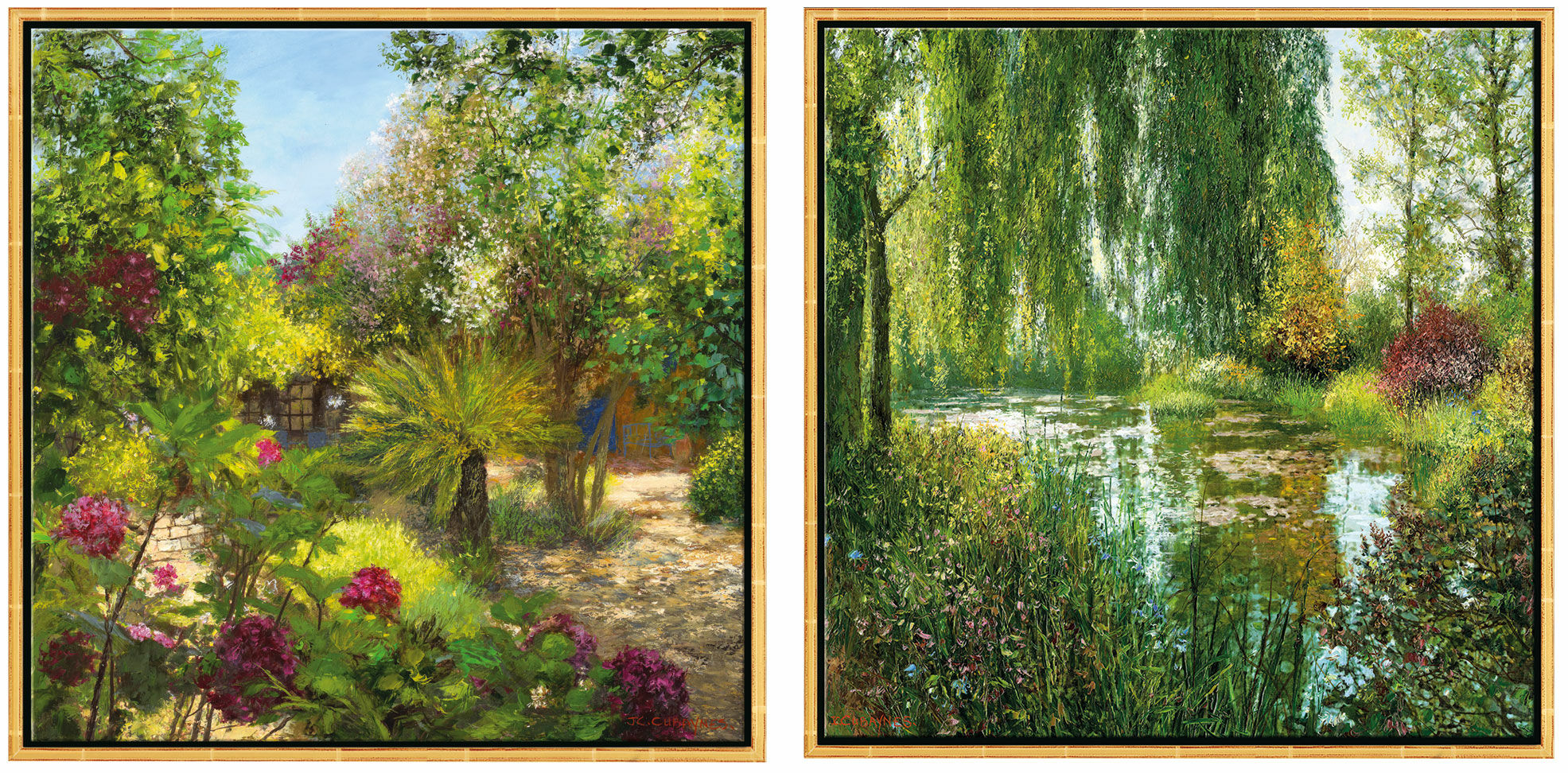 Ensemble de 2 tableaux "Le Jardin, St. Tropez" + "Giverny le Soir", version encadrée dorée von Jean-Claude Cubaynes