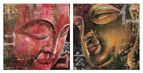Set of 2 Buddha pictures, on stretcher frame by Ma Tse Lin