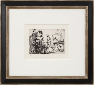 Beeld "Don Quichotte, Sancho et un 'Mousquetaire' Regardant Passer Dulcinée sur une Charrette Tirée Par un Homme Masqué, 3.7.68 I" (1968) von Pablo Picasso