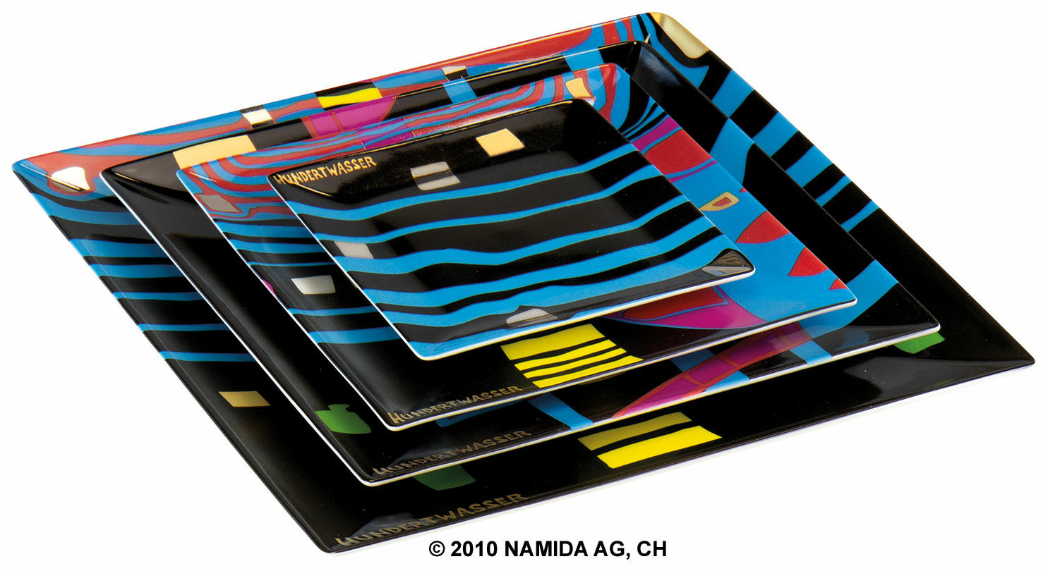 Set van 4 vierkante borden van porselein "Detail of Infinity", zwart von Friedensreich Hundertwasser