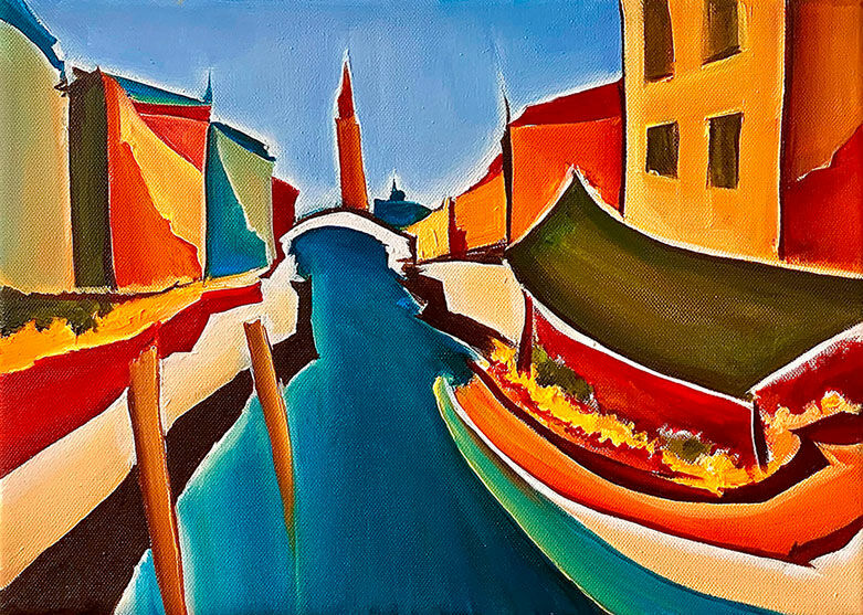 Beeld "Groenteboot in Venetië" (2023) (Origineel / Uniek stuk), op spieraam von Christin Lutze