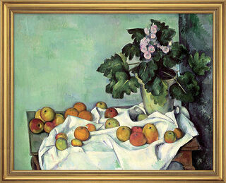 Bild "Stillleben mit Äpfeln und Primeln" (frühe 1890er), gerahmt von Paul Cézanne