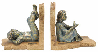 Pair of sculptures / Bookends "Boy and girl", artificial stone