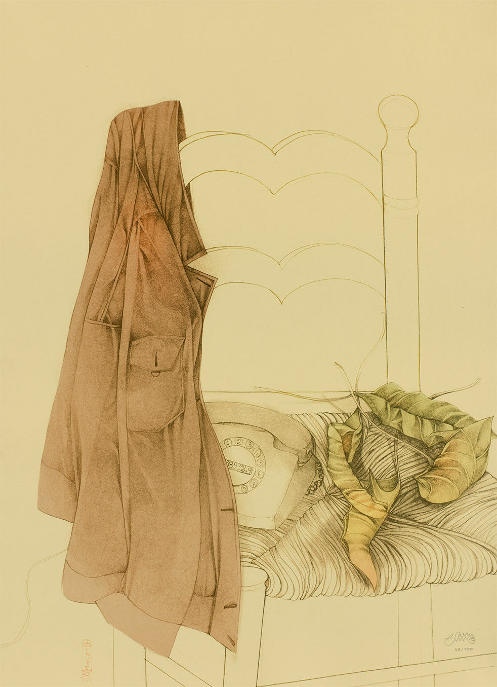 Tableau "Nature morte avec chaise, téléphone et veste" (1987), non encadré von Bruno Bruni