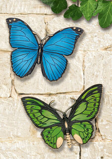 Set of 2 garden objects / wall sculptures "Blue Morpho Butterfly + Birdwing", bronze