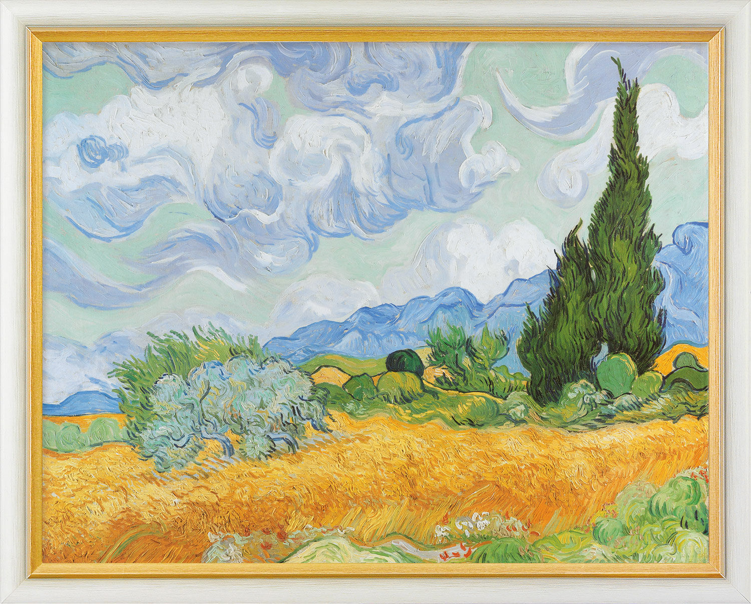 Billede "Hvedemark med cypresser" (1889), indrammet von Vincent van Gogh