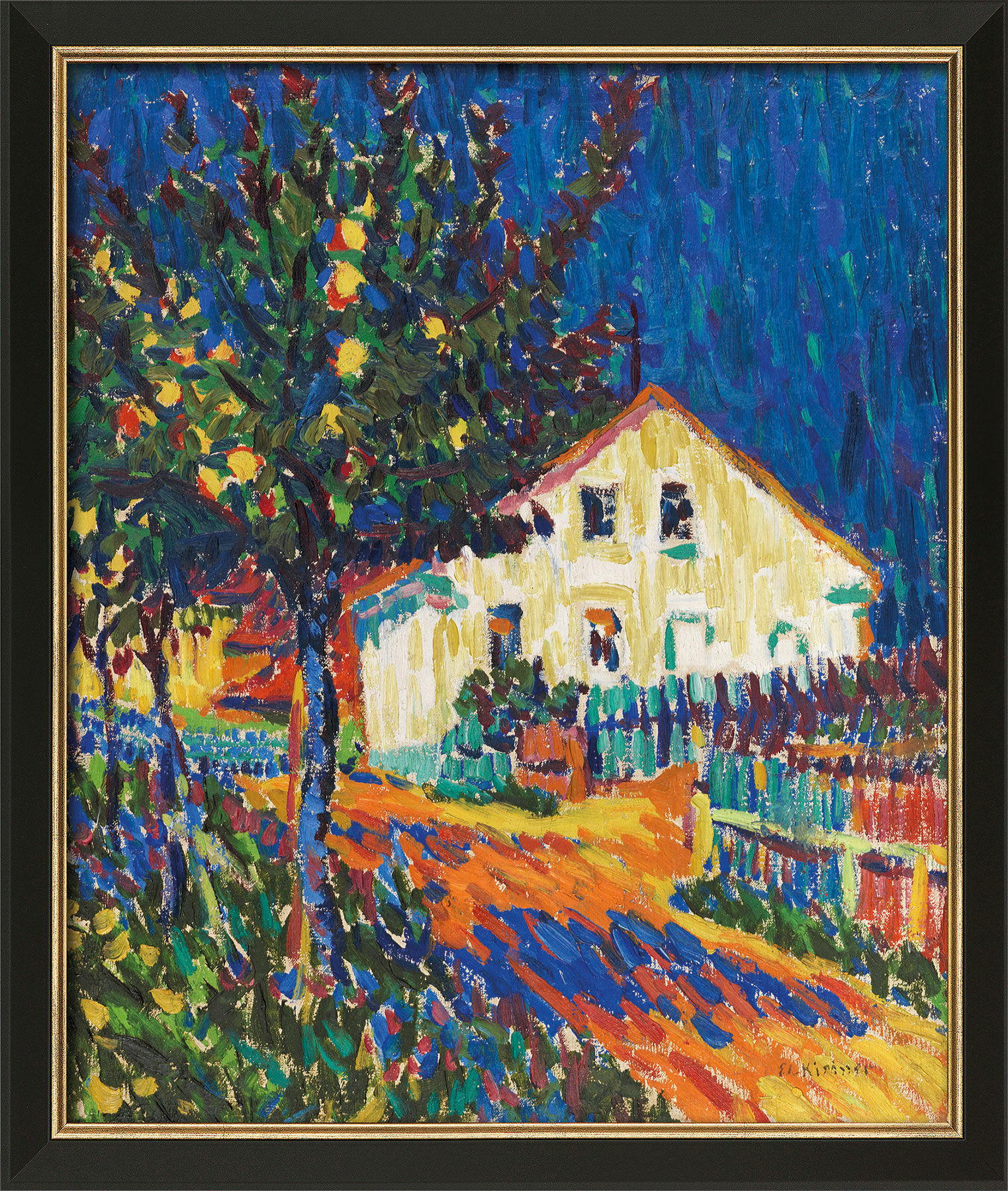 Bild "Dorfstraße mit Apfelbäumen" (1907), Version schwarz-goldfarben gerahmt von Ernst Ludwig Kirchner