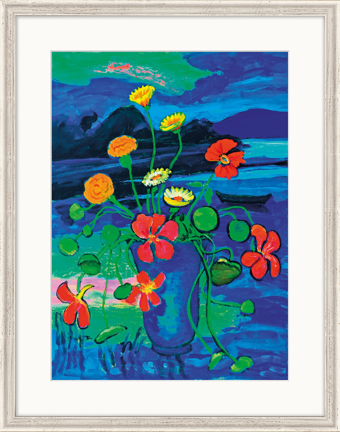Bild "Blumenstillleben vor Landschaft" (um 1945), gerahmt von Gabriele Münter